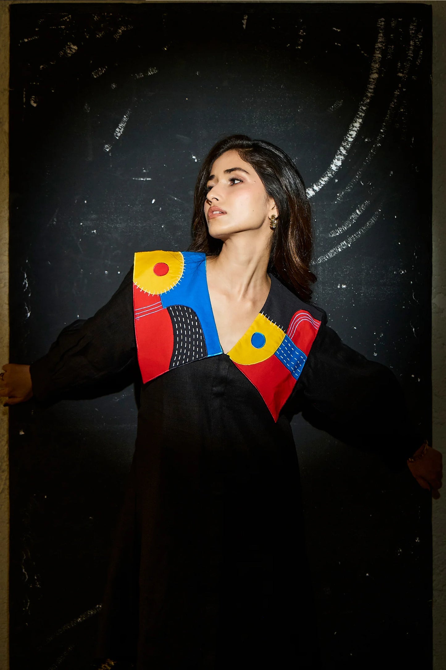 Stitches Abstract Black Linen Dress