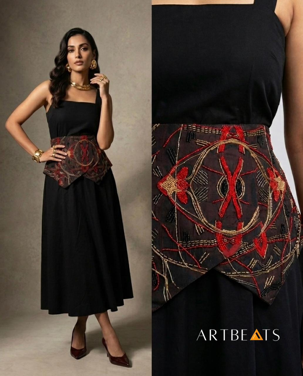 Crimson Echo Corset Belt with Dress