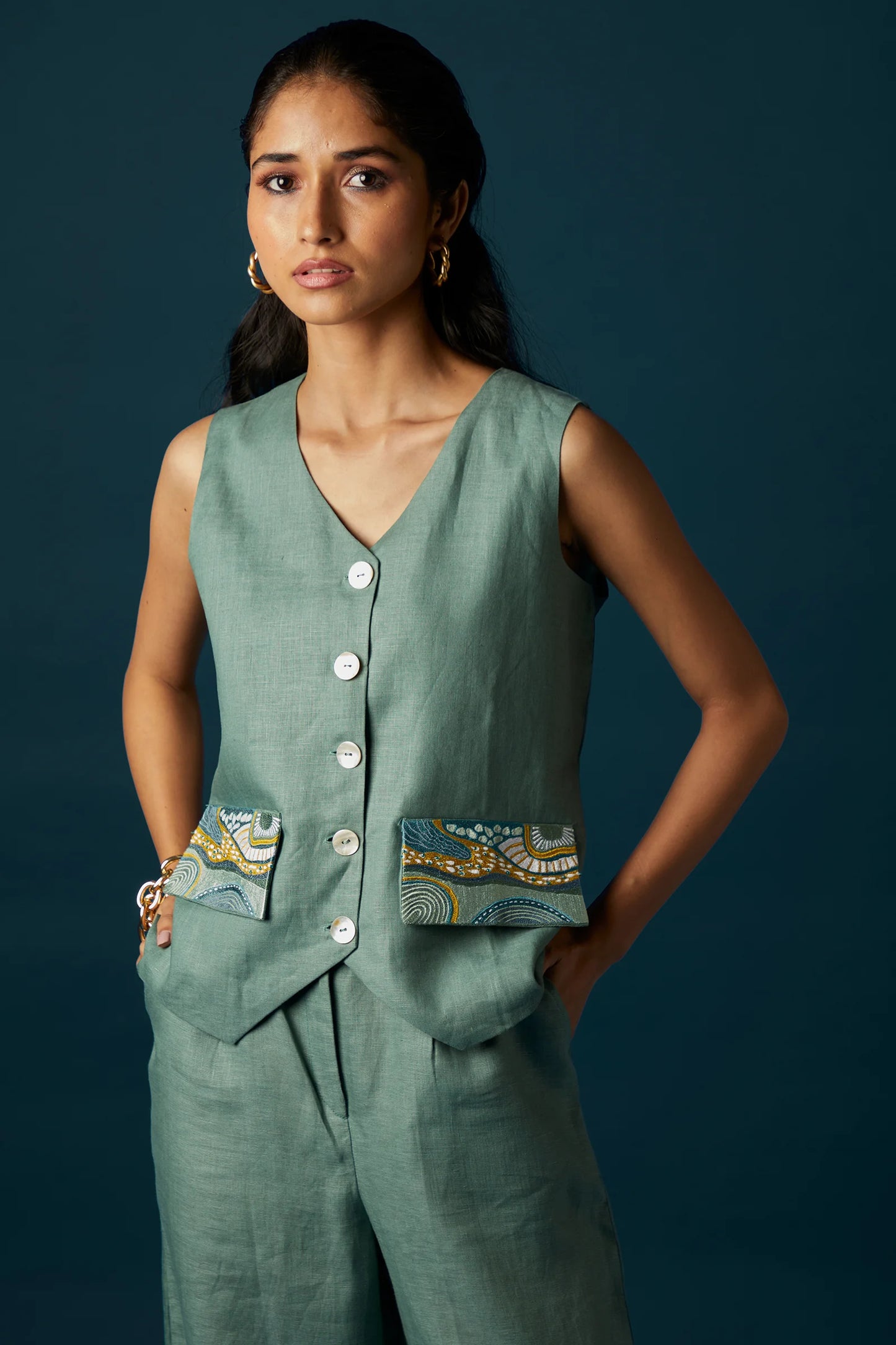 Green Ocean Eyes Waist Coat Co-ord Set