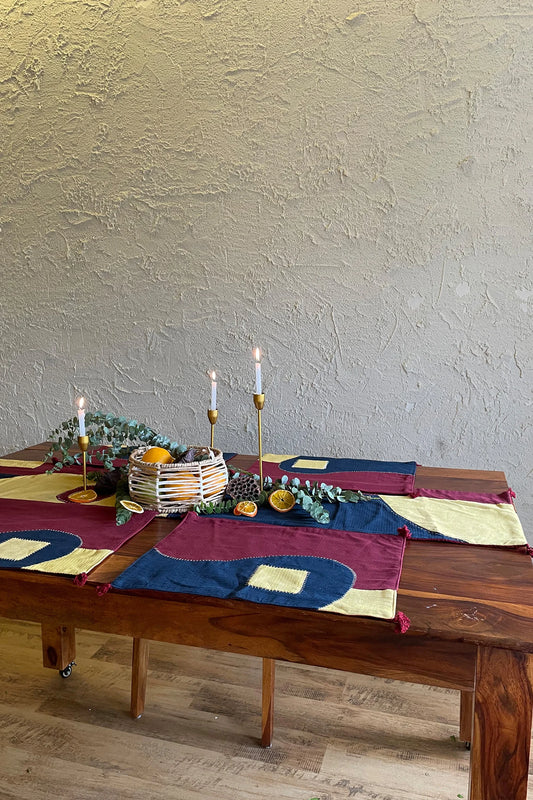 Deep Red Geometry Table Linen Set (Set of 1 Table Runner and 4 Mats)